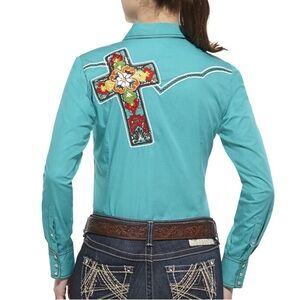 ARIAT Womens Medium Turquoise Western Embroidered Cross Pearl Snap Shirt Fitted
